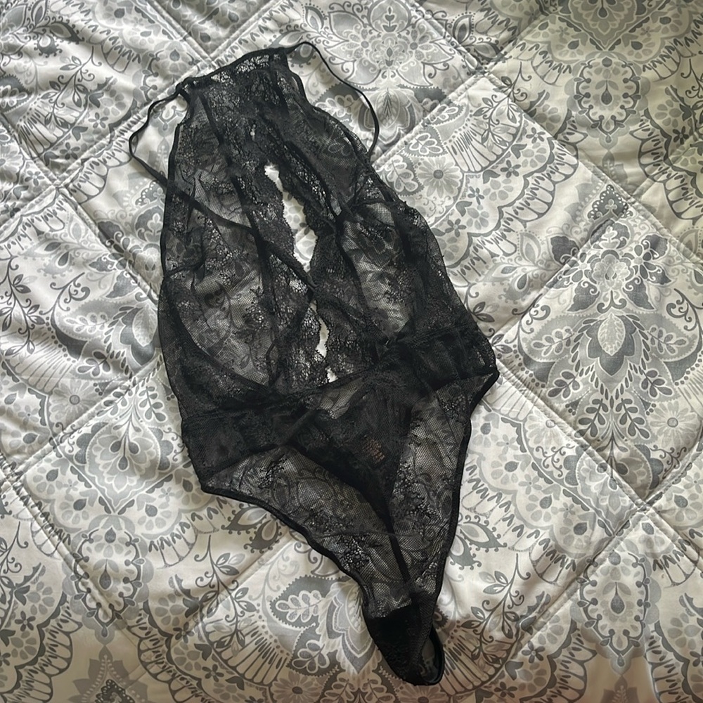 Victoria’s Secret Black Lace Lingerie one piece halter thong small
